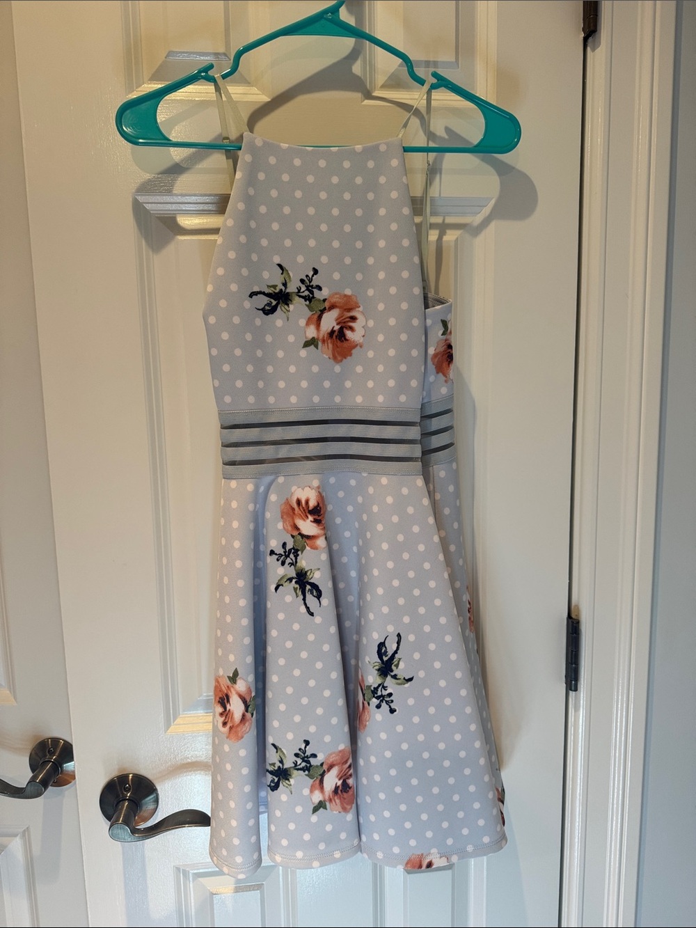City Studio Light Blue Polka Dot Halter Dress with Pink Floral Accents